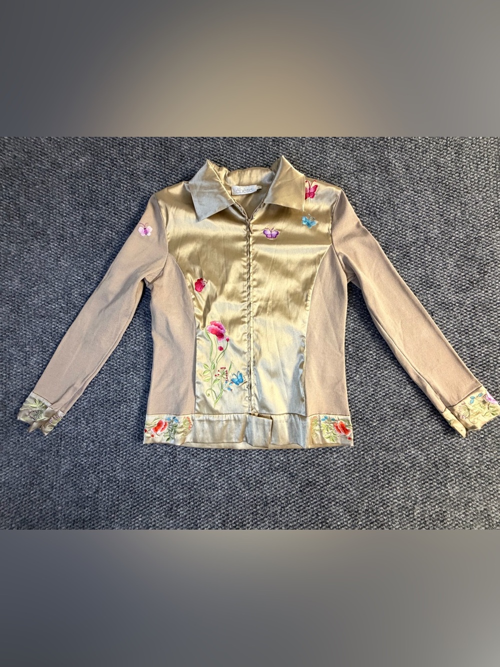 Vtg Ebene Patrick Assuline Satin Zip Jacket Size 3 Medium Butterfly Floral Y2K